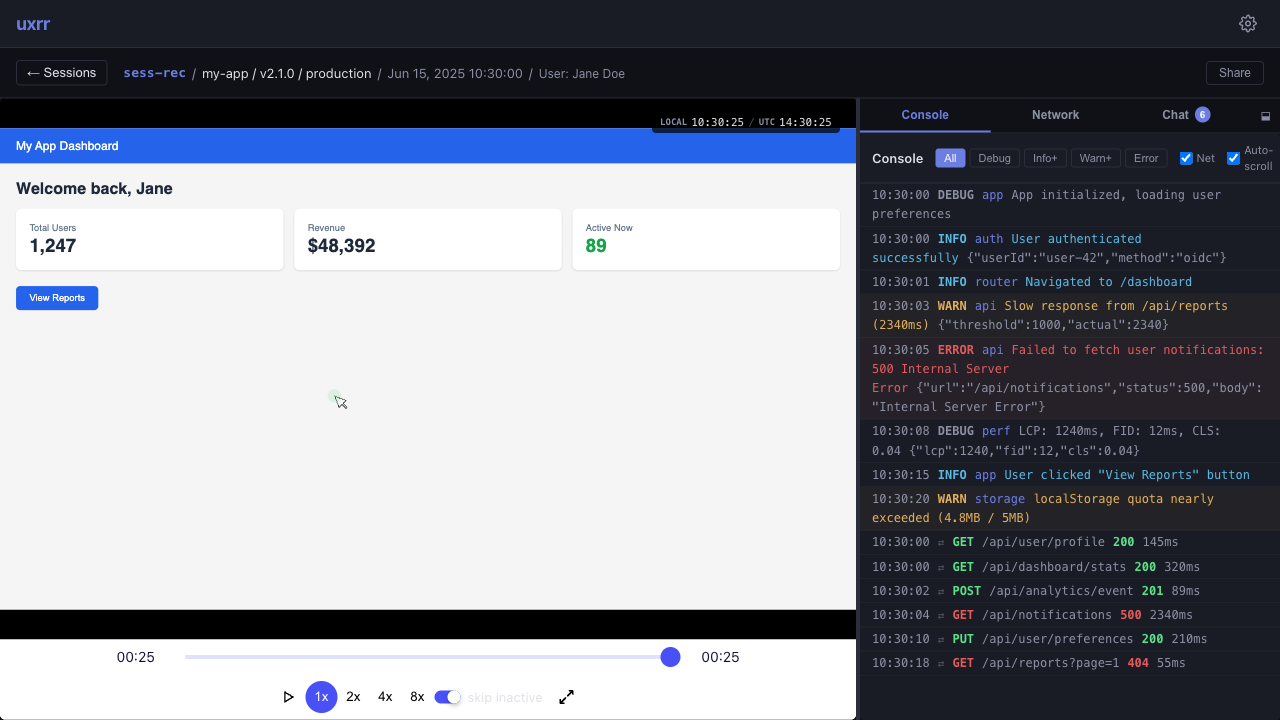 uxrr session replay with console logs